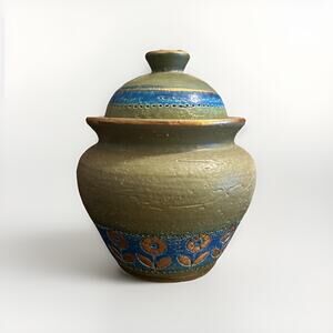 Vintage MCM Bitossi Pottery Aldo Londi Thai Silk Green Lidded Jar 7.5" Italy